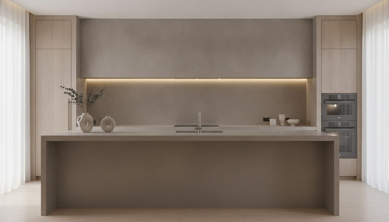 Sala com pavimento contínuo e paredes em revestimento de cal