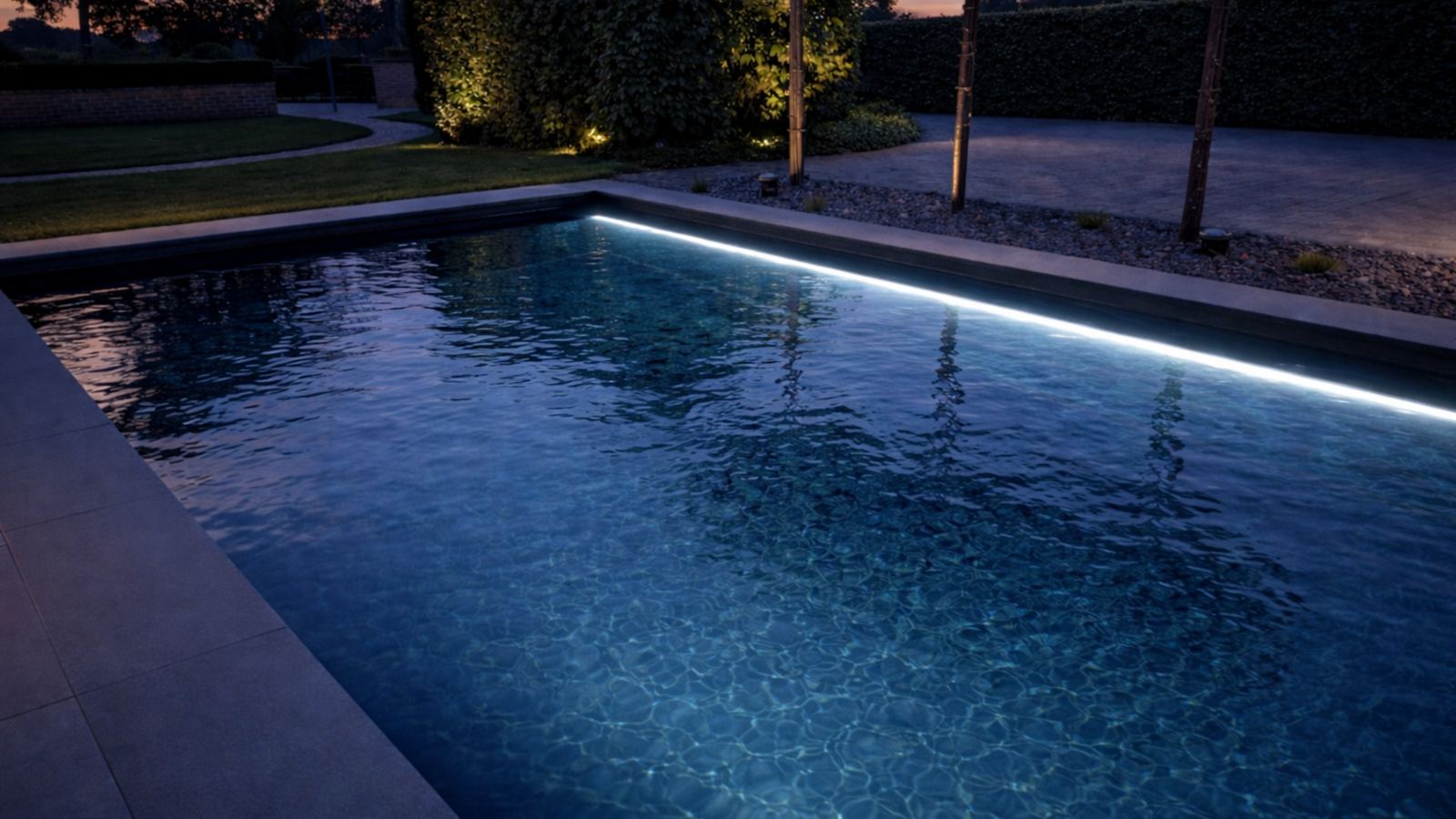 Revestimento de piscinas — Piscina ao anoitecer — acabamento escuro